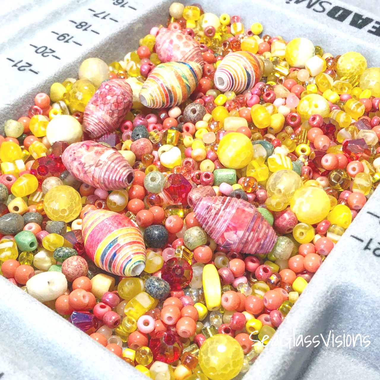 Colorful Bead Mix including Yellow & Pink Sea Glass and Handmade Paper Beads by Sea Glass Visions